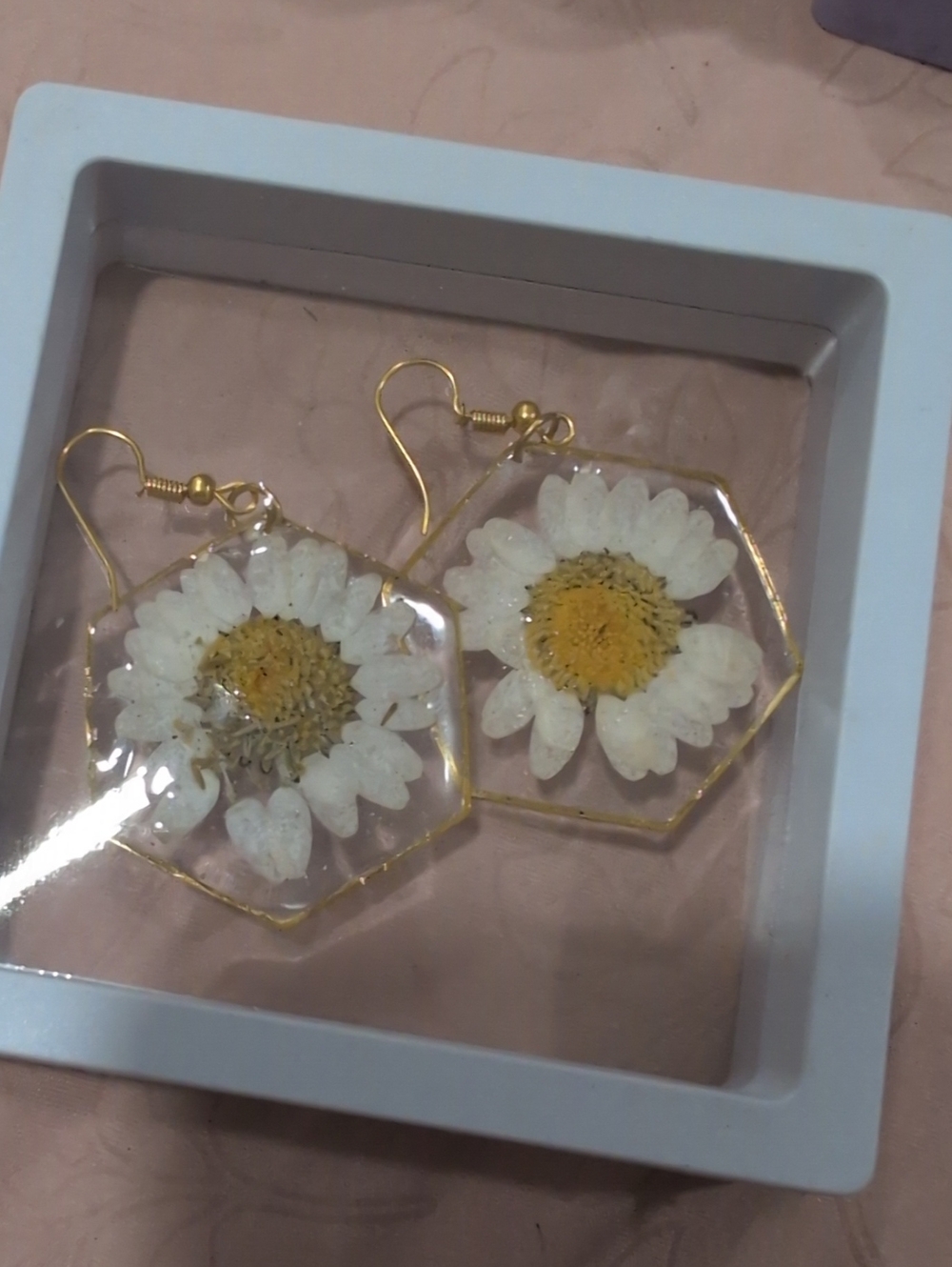 Handmade White Daisy Resin Drop Earrings with Gold Frame